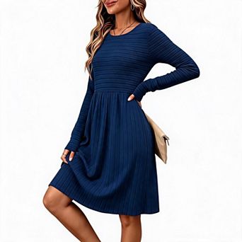 Women's Ribbed Knit Long Sleeve Swing Midi Dress