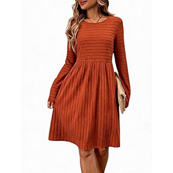 Women's Ribbed Knit Long Sleeve Swing Midi Dress