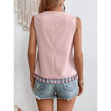 Women's Sleeveless Vest Summer V Neck Cute Embroidered Patchwork Tassel Hem.