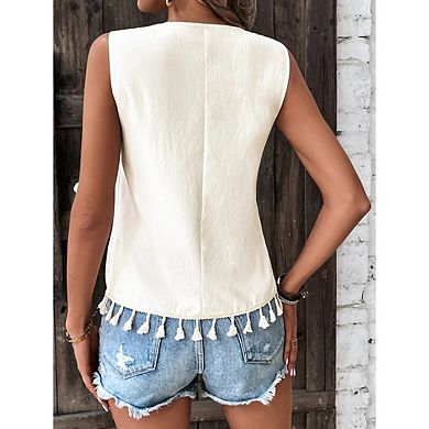 Women's Sleeveless Vest Summer V Neck Cute Embroidered Patchwork Tassel Hem.