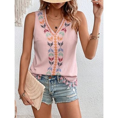 Women's Sleeveless Vest Summer V Neck Cute Embroidered Patchwork Tassel Hem.