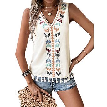 Women's Sleeveless Vest Summer V Neck Cute Embroidered Patchwork Tassel Hem.
