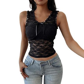 Women's Lace V Neck Solid Color Camisole Crop Top, Slim Fit Sleeveless
