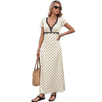 Women's Vintage Polka Dot Long Maxi Dress Deep V Neck Short Sleeve Lace Trim Outfit