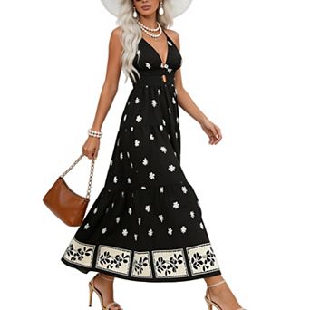 Women's Sleeveless Halter Backless Maxi Dress Deep V Cut Out Elegant Date Night Outfit