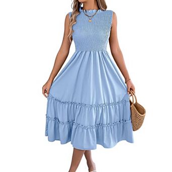 Women's Smocked Loose Sleeveless Sundress Plain Tiered Long Maxi Dress for Summer Beach