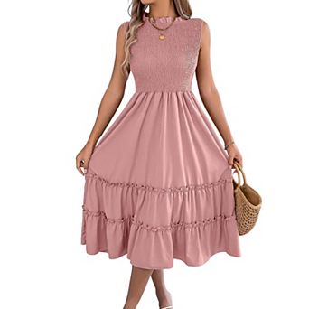 Women's Smocked Loose Sleeveless Sundress Plain Tiered Long Maxi Dress for Summer Beach