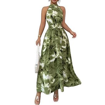 Women's Sleeveless Floral Boho Sundress Belted Halter Flowy Maxi Vacation Dress Wedding Guest Dress