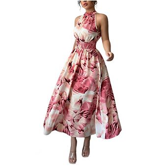 Women's Sleeveless Floral Boho Sundress Belted Halter Flowy Maxi Vacation Dress Wedding Guest Dress