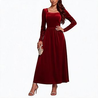 Women's Velvet Midi Dress Long Sleeve Evening Dress Wedding Guest Formal Dress Elegant Dress