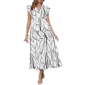 Women’s Beach Vacation Boho Dress V Neck Flutter Sleeve Maxi Casual Resort Dress