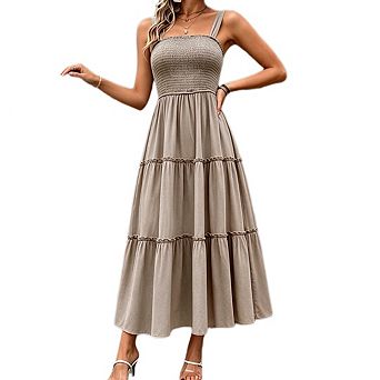 Women's Spaghetti Strap Smocked Tiered Sundress Casual Boho Beach Maxi Dress Vacation Dress