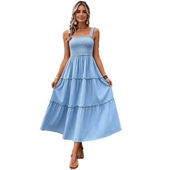 Women's Spaghetti Strap Smocked Tiered Sundress Casual Boho Beach Maxi Dress Vacation Dress