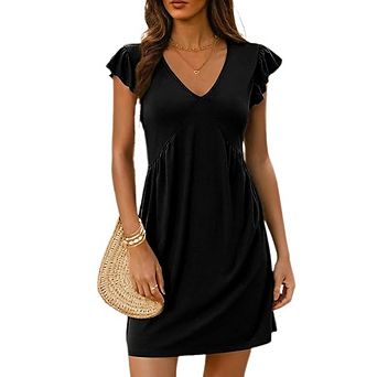 Women's Ruffle Sleeve Loose Dress, Deep V Neck Mini Beach Casual Dress Travel Holiday Dress
