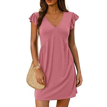 Women's Ruffle Sleeve Loose Dress, Deep V Neck Mini Beach Casual Dress Travel Holiday Dress