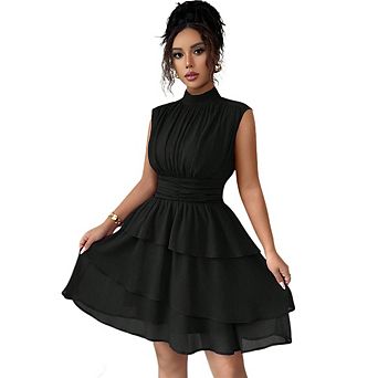 Women's Chiffon Dress Sleeveless Tiered Ruffle Elegant Cocktail Wedding Guest Outfit Dress