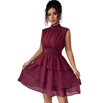Women's Chiffon Dress Sleeveless Tiered Ruffle Elegant Cocktail Wedding Guest Outfit Dress