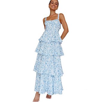 Women’s Sleeveless Tiered Ruffle Dress Floral Spaghetti Strap Maxi Casual Beach Holiday Dress