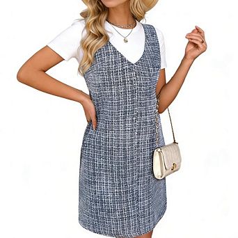 Women's Sleeveless Tweed Plaid Dress V Neck A Line Elegant Midi Pinafore Dress Office Dress