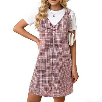 Women's Sleeveless Tweed Plaid Dress V Neck A Line Elegant Midi Pinafore Dress Office Dress