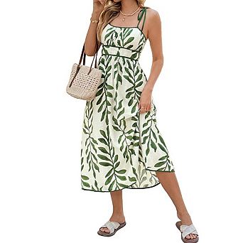 Women's Ruched Flowy Ruffle Cami Dress Floral Boho Hawaiian Summer Midi Sundress Dress
