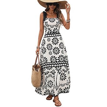 Women's Tie Shoulder Sleeveless Floral Dress, Boho Ruffle Hem Flowy Summer Vacation Midi Beach Dress