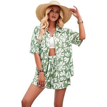 Women's Printed Casual Two Piece Set Button Up Short Sleeve Shirt with High Waisted Shorts