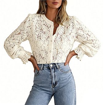 Women Stand Collar Floral Lace Blouse Puff Long Sleeve Ruffle Cuff Sheer Button Down Casual Top