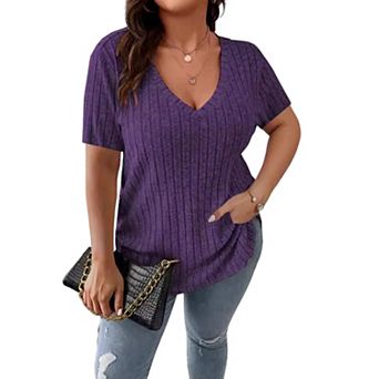 Plus Size Women V Neck Ribbed Short Sleeve T-Shirt Side Ruched Curved Hem Loose Casual Basic Top