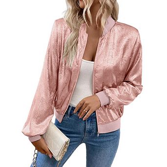 Women Metallic Shiny Bomber Jacket Zip Up Stand Collar Long Sleeve Cropped Lightweight Outerwear