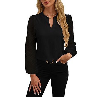 Women Notch V Neck Blouse Chevron Sheer Puff Long Sleeve Textured Chiffon Casual Top