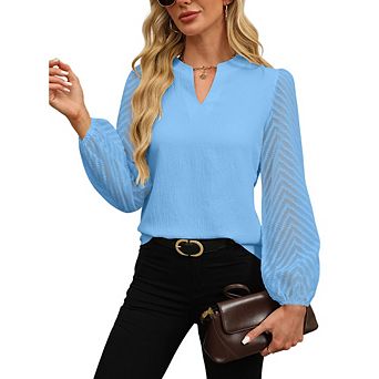 Women Notch V Neck Blouse Chevron Sheer Puff Long Sleeve Textured Chiffon Casual Top