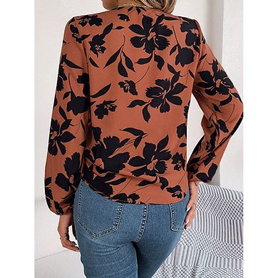 Women Floral Print V Neck Long Sleeve Blouse Button Front Self Tie Knot Hem Chiffon Top