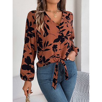Women Floral Print V Neck Long Sleeve Blouse Button Front Self Tie Knot Hem Chiffon Top
