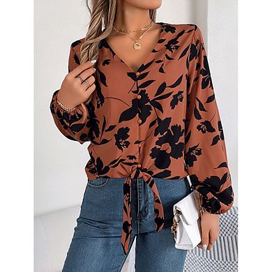 Women Floral Print V Neck Long Sleeve Blouse Button Front Self Tie Knot Hem Chiffon Top