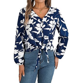 Women Floral Print V Neck Long Sleeve Blouse Button Front Self Tie Knot Hem Chiffon Top