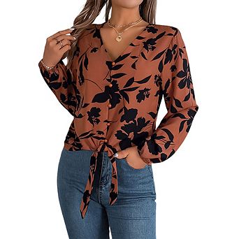 Women Floral Print V Neck Long Sleeve Blouse Button Front Self Tie Knot Hem Chiffon Top