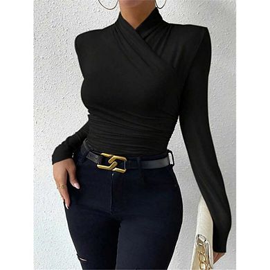 Women Wrap Cross Mock Neck Long Sleeve Top Side Ruched Slim Fitted Stretch Layering Blouse