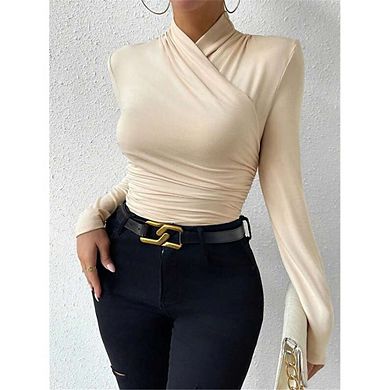 Women Wrap Cross Mock Neck Long Sleeve Top Side Ruched Slim Fitted Stretch Layering Blouse