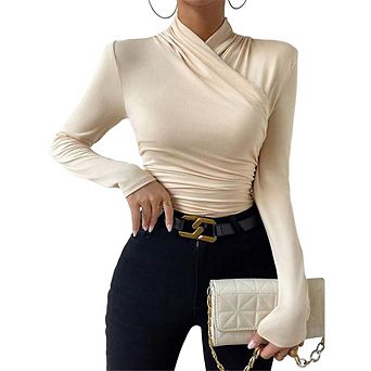 Women Wrap Cross Mock Neck Long Sleeve Top Side Ruched Slim Fitted Stretch Layering Blouse