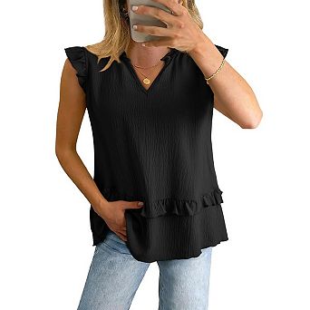 Women's V Neck Ruffle Sleeveless Tank Top, Textured Crinkle Fabric Tiered Hem Casual Blouse Shirt
