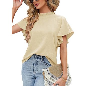 Women's Ruffle Mock Neck Blouse, Double Layer Flutter Short Sleeve Crinkle Texture Casual T-Shirt