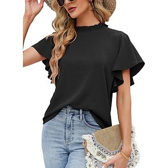 Women's Ruffle Mock Neck Blouse, Double Layer Flutter Short Sleeve Crinkle Texture Casual T-Shirt