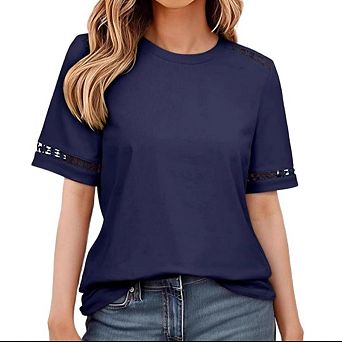 Women's Crew Neck Short Sleeve T-Shirt, Hollow Lace Cutout Sleeve Casual Soft Basic Tee Shirt