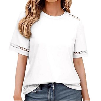 Women's Crew Neck Short Sleeve T-Shirt, Hollow Lace Cutout Sleeve Casual Soft Basic Tee Shirt