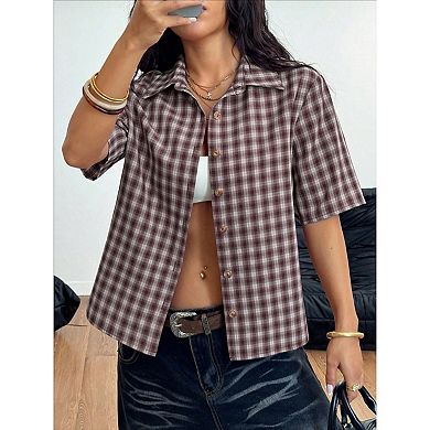 Women's Plaid Button Down Short Sleeve Shirt Collared Loose Fit Casual Checkered Blouse