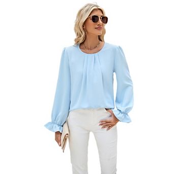 Women's Round Neck Pleated Blouse, Long Puff Sleeve Ruffle Cuff Relaxed Fit Office Casual Shirt
