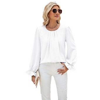 Women's Round Neck Pleated Blouse, Long Puff Sleeve Ruffle Cuff Relaxed Fit Office Casual Shirt