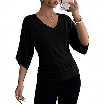 Women's V Neck Batwing Half Sleeve T-Shirt Slimming Heather Lightweight Casual Blouse Tops