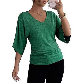 Women's V Neck Batwing Half Sleeve T-Shirt Slimming Heather Lightweight Casual Blouse Tops